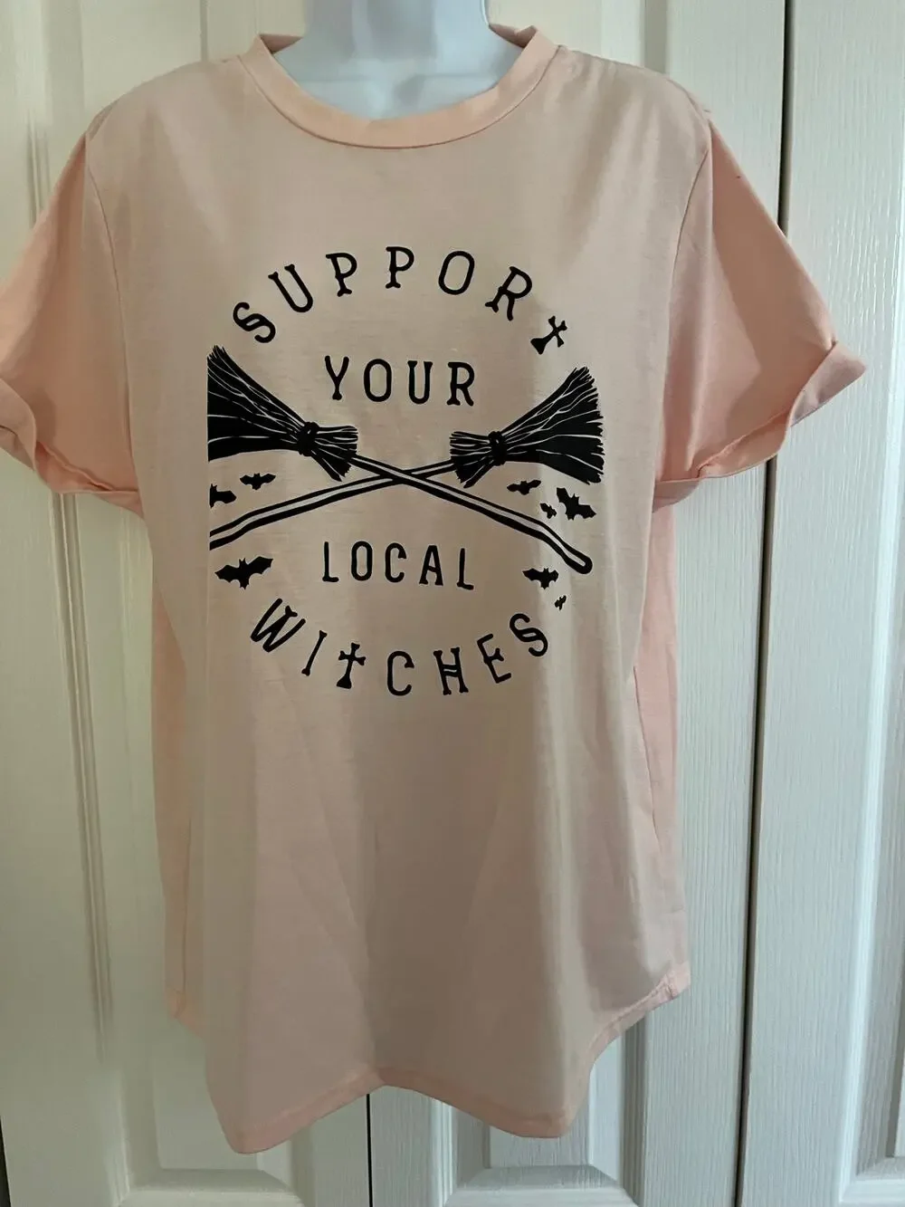 Women’s “Support Your Local Witches” Graphic T-Shirt Halloween Broom Bats M